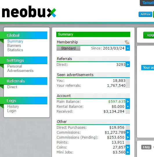 my neobux income stats