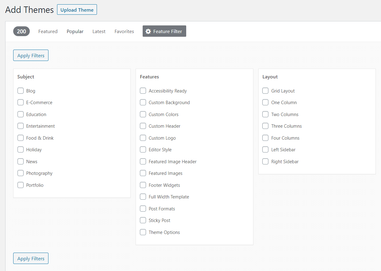 Feature Filter option for WordPress theme