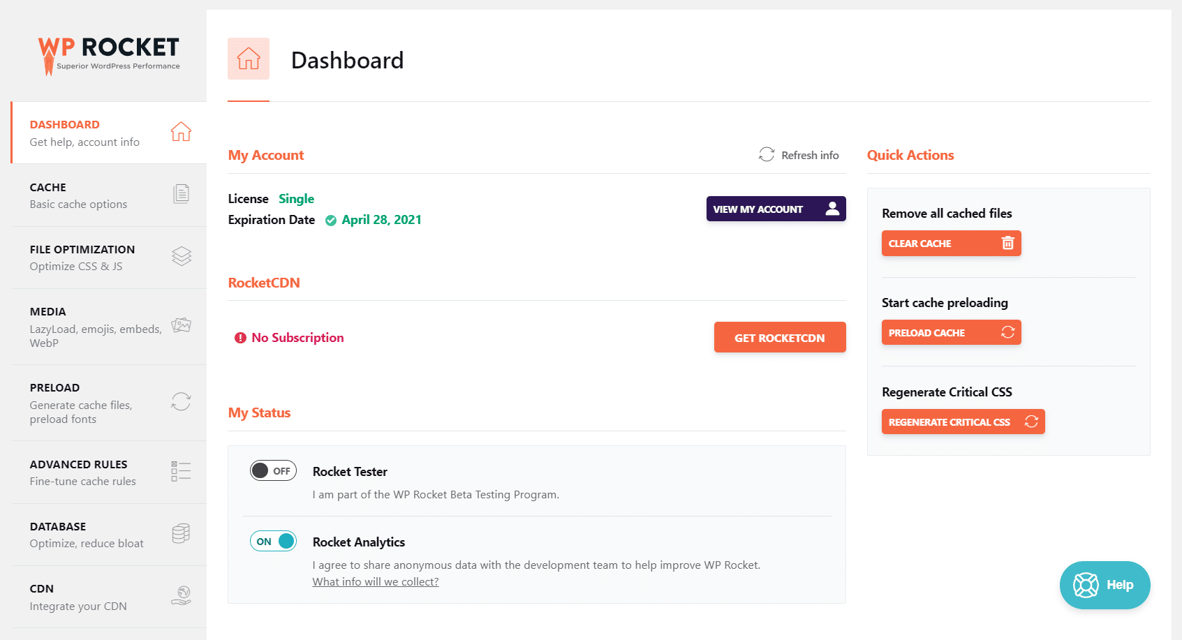 WP Rocket dashboard