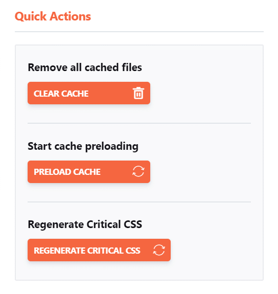 WP Rocket quick actions