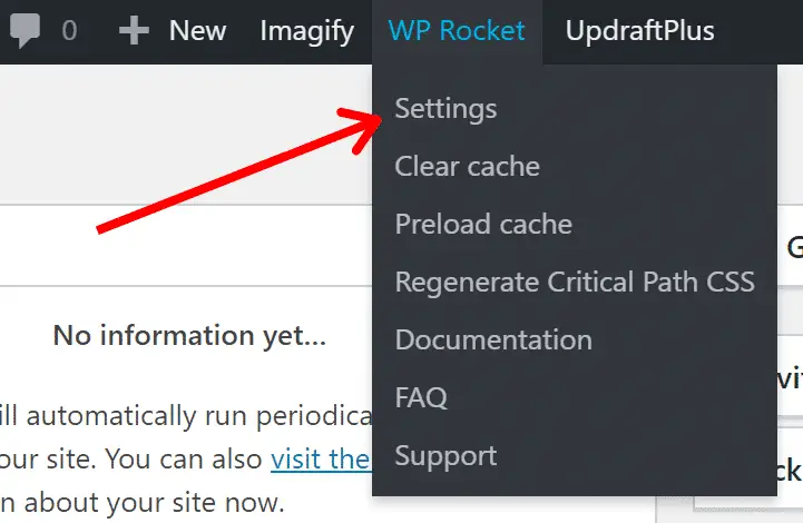 Wp Rocket settings menu bar