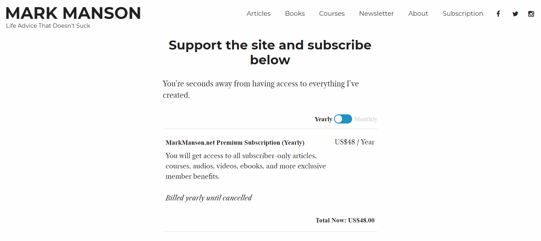 Mark Manson Subscription Page