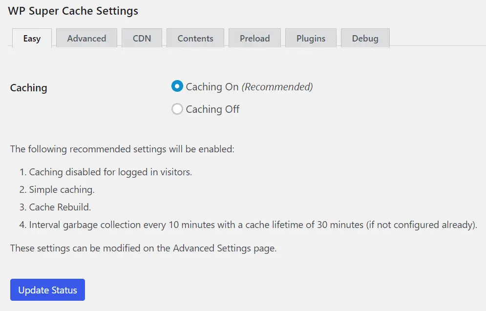 WP Super Cache Settings Page