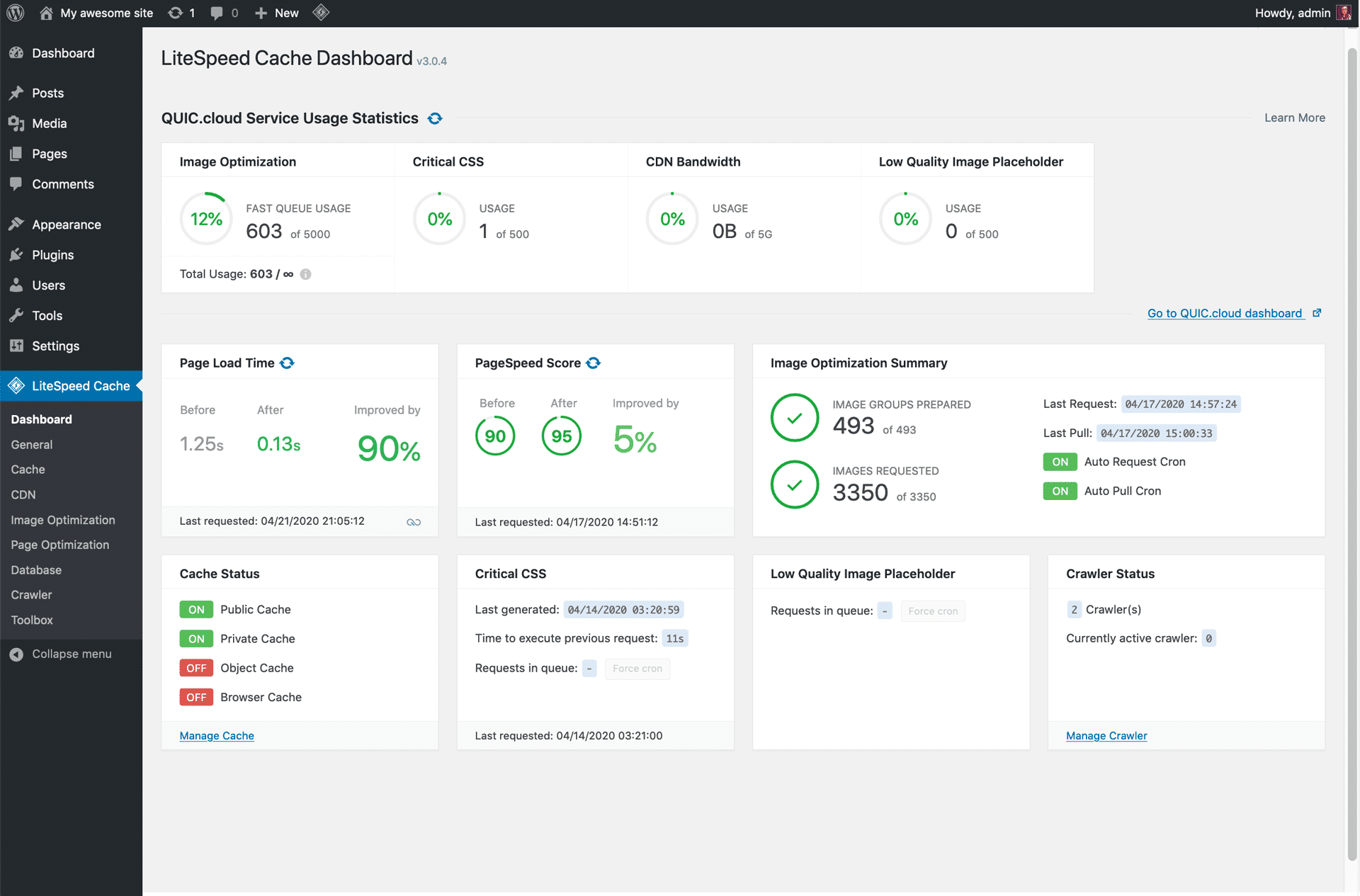 LiteSpeed Cache Dashboard