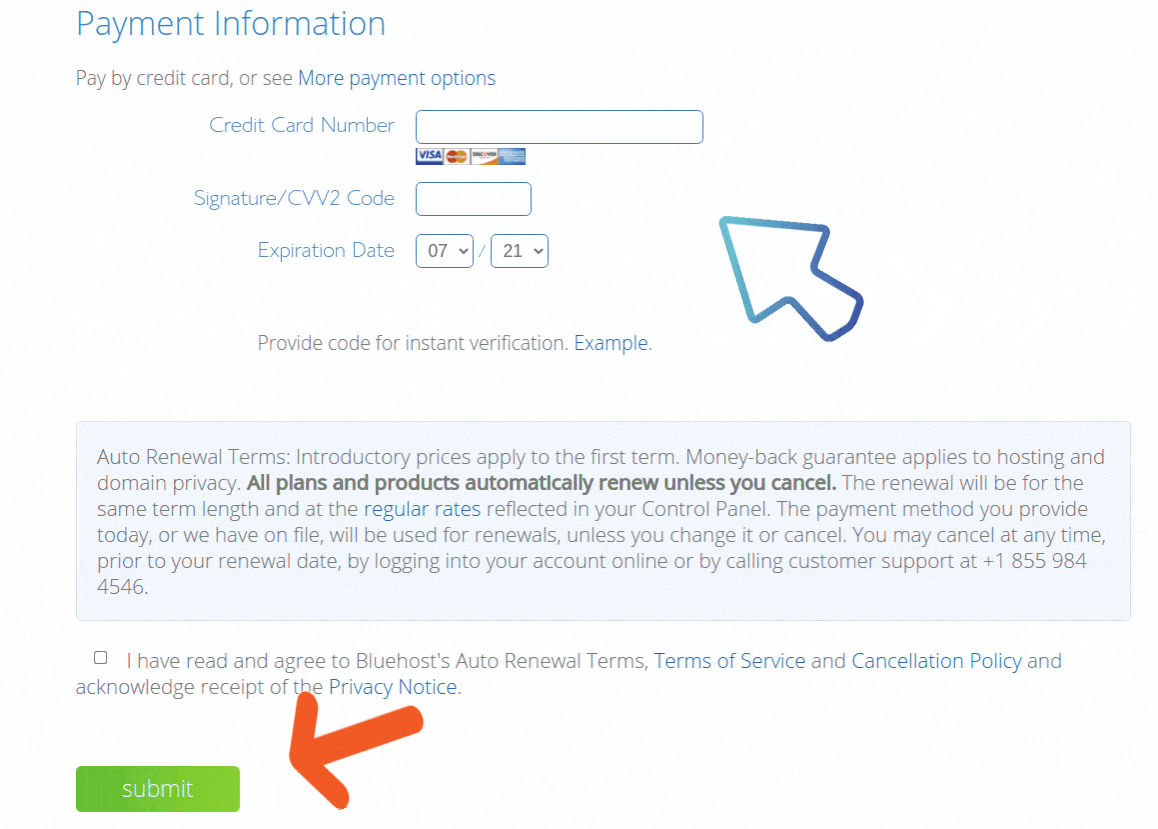 Make Payment on Bluehost