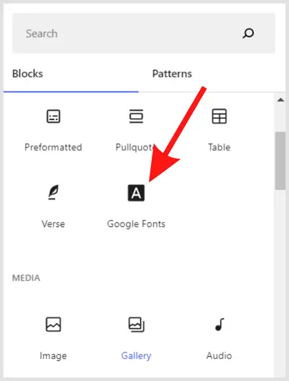 Google Fonts Gutenberg Block Shortcut
