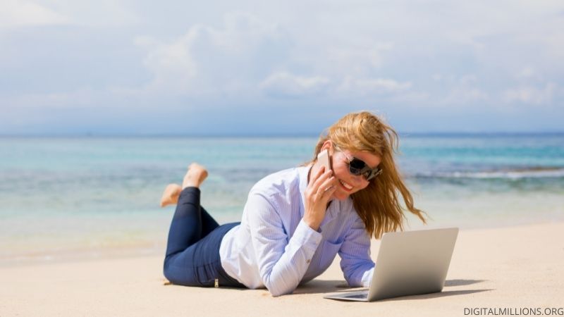 A Girl Working from Beach