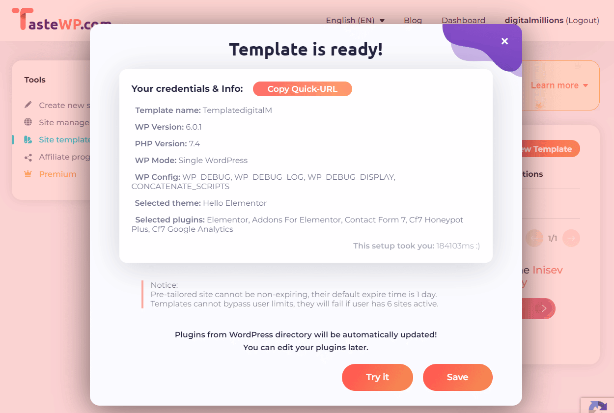 TasteWP Site Templates