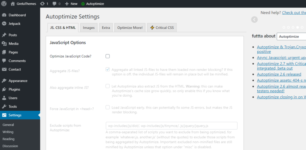 Autoptimize Settings Page