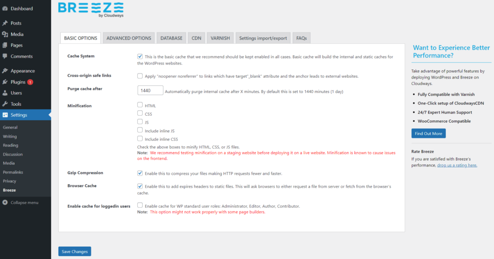 Breeze Cache Plugin Settings