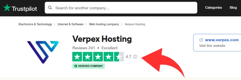 Verpex Hosting Ratings on TrustPilot